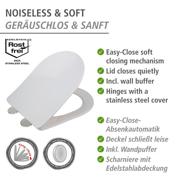 WENKO Toalettsits ultra tunn GALATI | Anti-bakteriell duroplast | Mjuk stängning | Avtagbar, lätt montering | Vit | 36x46 cm Matt vit