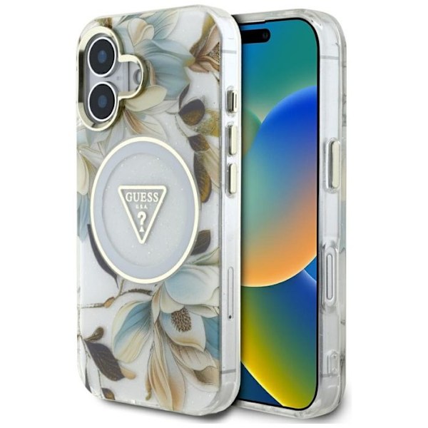 Coque Guess Glitter Flowers Triangle Buttons MagSafe för iPhone 16 (vit) vit