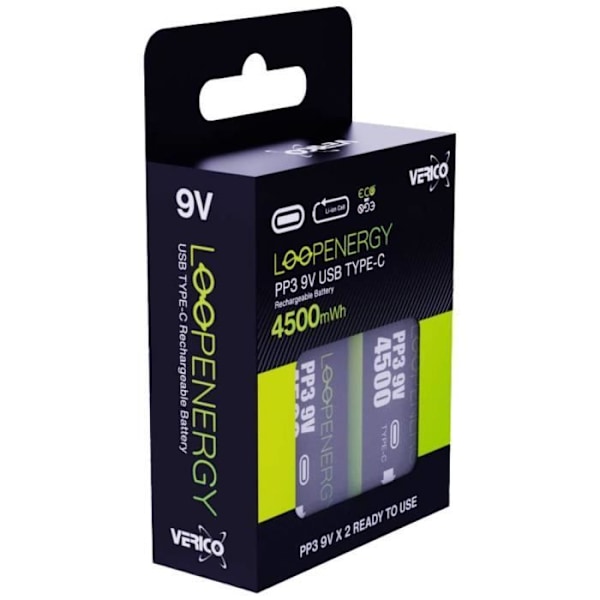 Verico LoopEnergy USB-C Uppladdningsbart batteri 6LR61 (9V) Li-Ion 500 mAh 7,4 V 2 st.