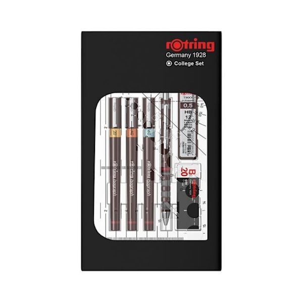Ritset - ROTRING - Isograf - Mekanisk penna 0,5 - 3 pennor 0,2/0,4/0,6 mm - Suddgummi och bläck 23ml Set 4