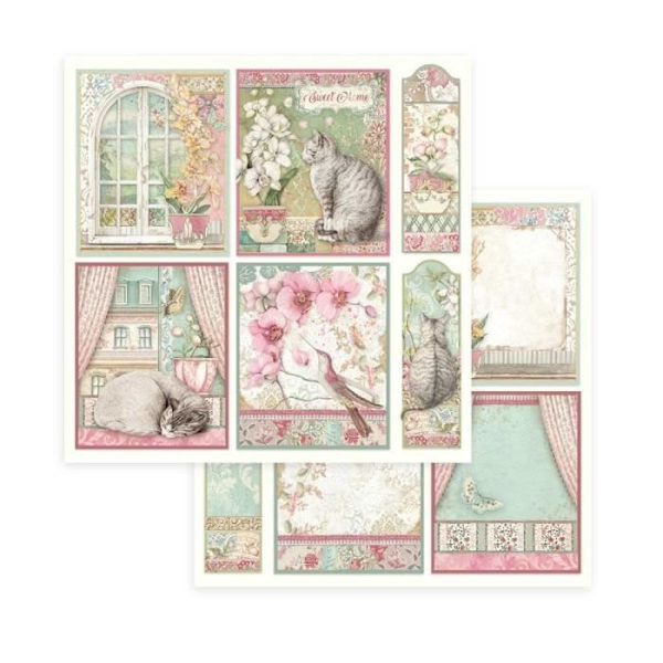 Scrapbookingpapper 'Orchids and Cats' - STAMPERIA - Set med 10 ark (20,3x20,3 cm) Orkidéer och katter