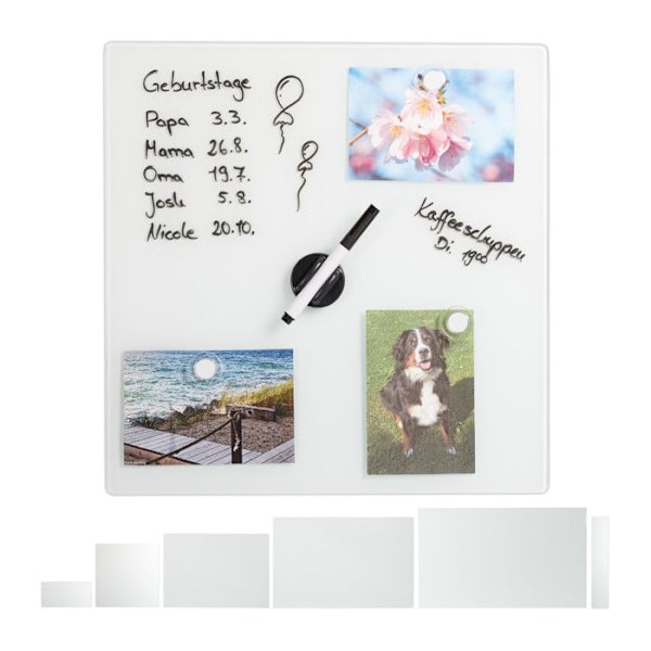Relaxdays Magnetiskt minnesblock, skyddsglas, påminnelsepanel, 3 magneter, 40x40 cm, vit Vit