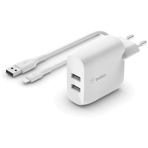Belkin surfplatta kontakter och laddare 2 USB-A-portar nätladdare, 24W med Lightning-kabel Vit