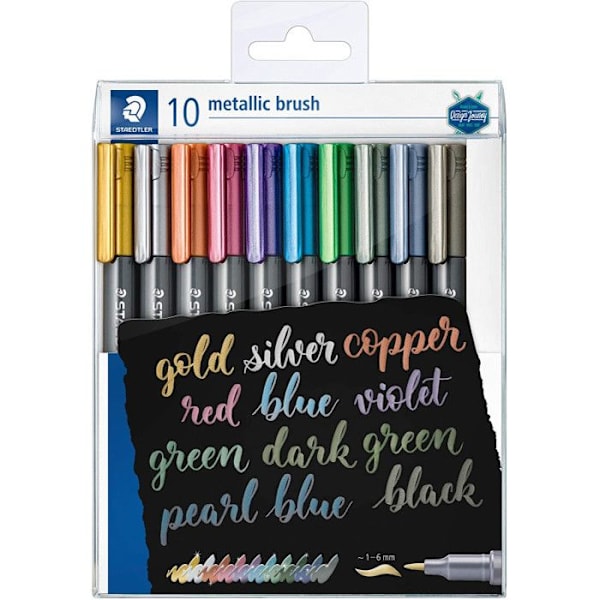 Etui med 10 Staedtler metalliska borstspetsmarkörer Guld, silver, brons, rosa, lila, bl