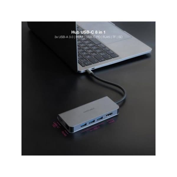 Dockningsstation - NANO KABEL - Typ-C 8 i 1 - 3xUSB-A - HDMI 4K - RJ45 1 Gbps