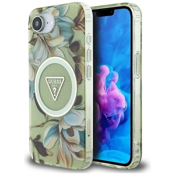 Coque Guess IML Metal Glitter Blommor Triangel MagSafe för iPhone 16e (grön)