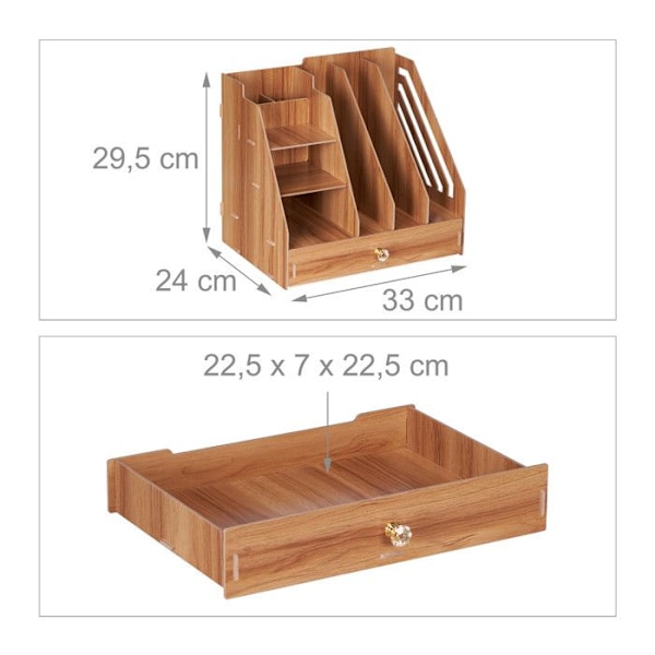 Relaxdays skrivbordorganisation, 3 dokumenthållare, 3 hyllor, 2 pennhållare, 1 låda, skola, DIY, MDF, mörkbrun Brun