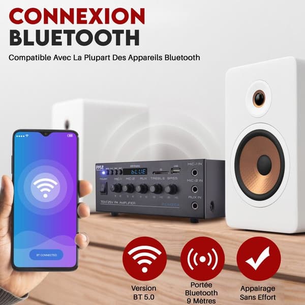 Pyle - Kompakt Ljudförstärkare 40 W Bluetooth - AUX-ingång, 2 Mikrofoningångar