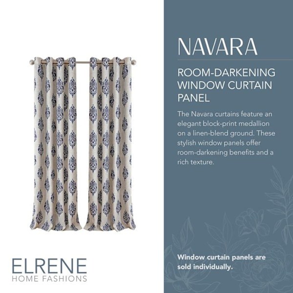 Elrene - 21183NAV - Hemmode Mörkläggningsgenomföring Linne Enkelpanel Fönstergardindraperi, Marinblå, 52"x84"