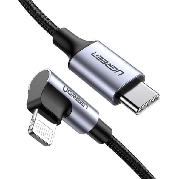 UGREEN 1M vinklad USB C Lightning-kabel MFi-certifierad flätad nylonströmförsörjning Kompatibel med iPhone 12 Pro Max 11 Pro Max