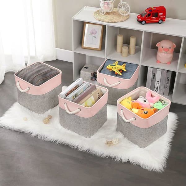 Förvaringskorgar - MANGATA - Set om 4 - Fällbar - Grå/rosa tyg - 33x38x33 cm Grå