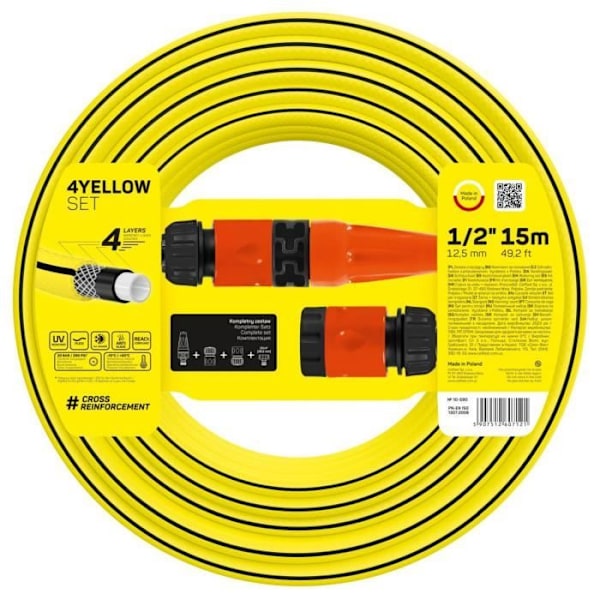 Cellfast 4YELLOW bevattningssats 15m slang + rak sprinkler, snabbkopplingsavstängning och tillbehör gul