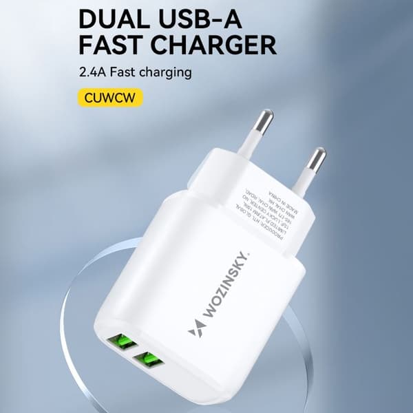 Laddare - WOZINSKY - CUWCW - 2x USB-A 2,4A - Snabbladdning - Överhettningsskydd Vit