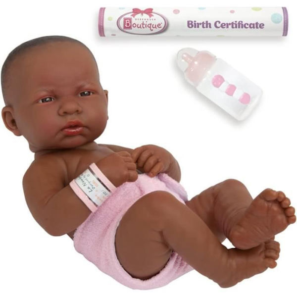 JC TOYS La Newborn Boutique - Realistisk anatomiskt korrekt vinyl afroamerikansk babydocka - 14cm -