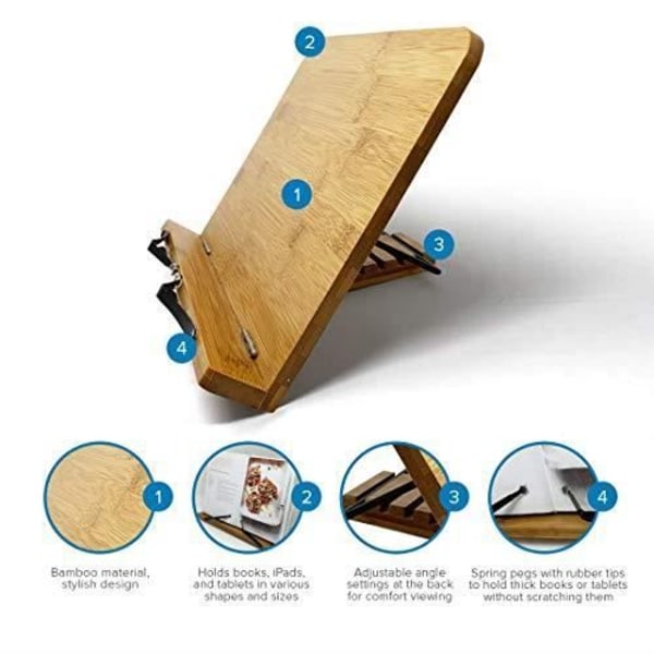 Bambu bokställ | Kokboksställ för att följa recept handsfree | justerbart hyllstöd i trä