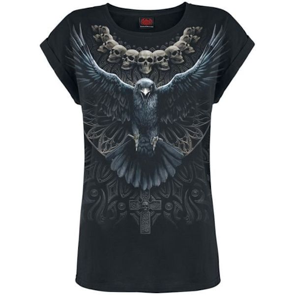 T-shirt Dam - Spiral - Raven Skull - 100% Bomull - Kortärmad - Svart Svart S
