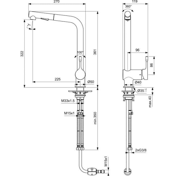 Ideal Standard Ceralook Blandare med hög svängbar och utdragbar pip 2 funktioner Krom - BC178AA Grå