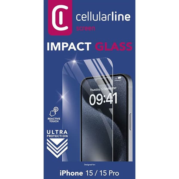 Härdat glas - CELLULARLINE - iPhone 15 / iPhone 15 Pro - Stötsäker - Repbeständig - Hög klarhet