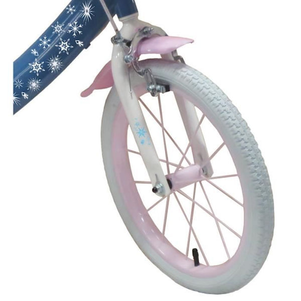 16'' flickcykel Reine des Neiges / Frozen utrustad med 2 bromsar + Dockhållare - Främre korg - Stabilisatorer. Blå och vit