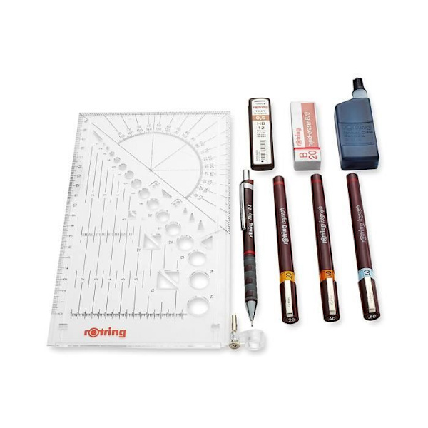 Ritset - ROTRING - Isograf - Mekanisk penna 0,5 - 3 pennor 0,2/0,4/0,6 mm - Suddgummi och bläck 23ml Set 4