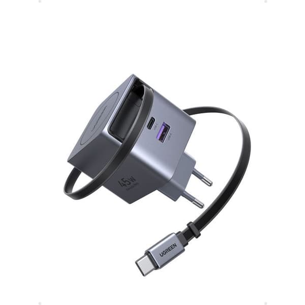 Nätadapter - UGREEN - 65W - USB-A och USB-C - Retractable Grå