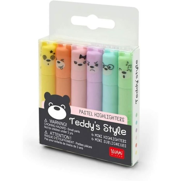 Legami Teddy's Style Mini Highlighter Set om 6 - gul, persika, rosa, lila, ljusblå, ljusgrön - för att markera och understryka mångfärgad