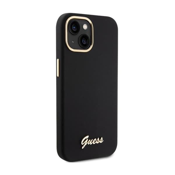 Guess Silicone Script metalllogotyp och ram - iPhone 15-fodral (svart)
