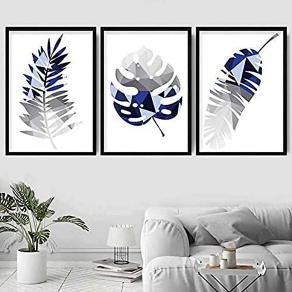 Målning - canvas Artze väggkonst Set med 3 tropiska geometriska tryck - 40 x 50 cm - Marinblå/grå