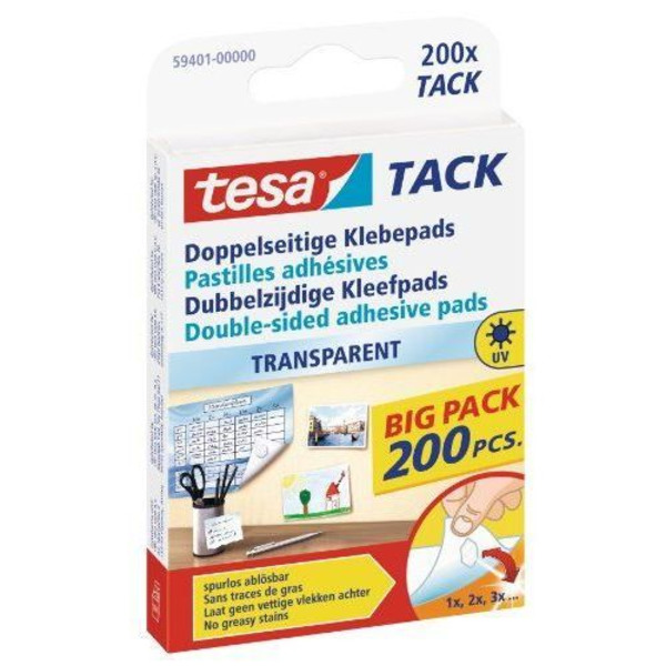 Självhäftande tabletter - TESA - Förpackning om 200 - Transparent - Kan flyttas - Inga spår av fett Transparent