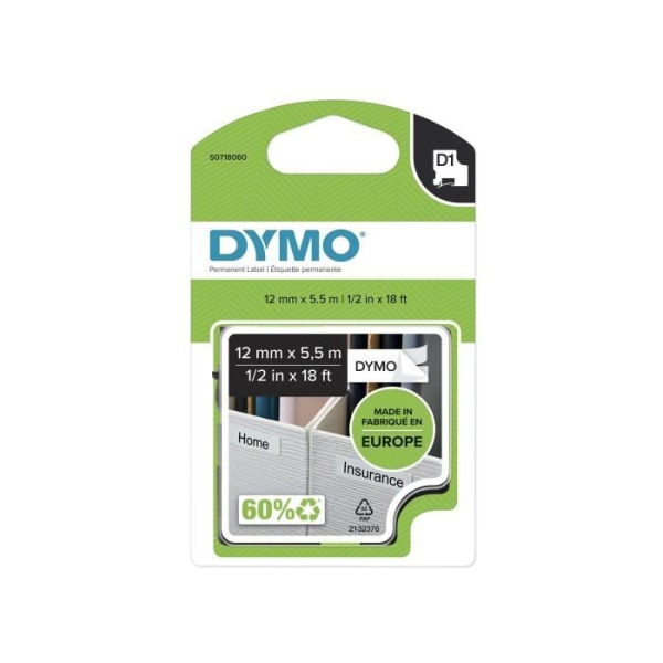DYMO LabelManager High Performance D1 Tape Cassette, Permanent Polyester, 12 mm x 5,5 m, Svart/Vit