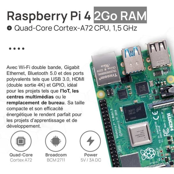 Raspberry Pi 4 2 GB startkit | 15W strömförsörjning | Officiellt chassi | 64 GB kort