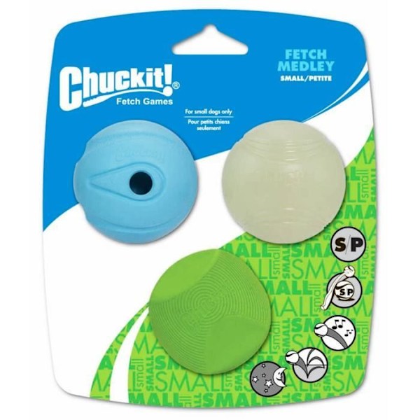 CHUCKIT! Fetch medley 3-PK - 3 Bollar S Ø 5cm - För hundar Blå, grå och grön