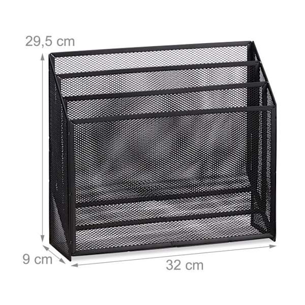 Relaxdays Doku­ment­stöd, själv­stående post­hållare med 3 fack för kontoret, metall, 29,5x32x9 cm, svart svart