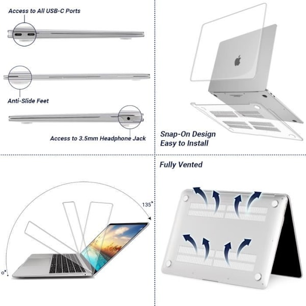 TECOOL MacBook Air 13 tum 2021 2020 2019 2018 A2337(M1) A2179 A1932 Touch ID-fodral, smalt hårt fodral + USB-C-adapter, genomskinlig