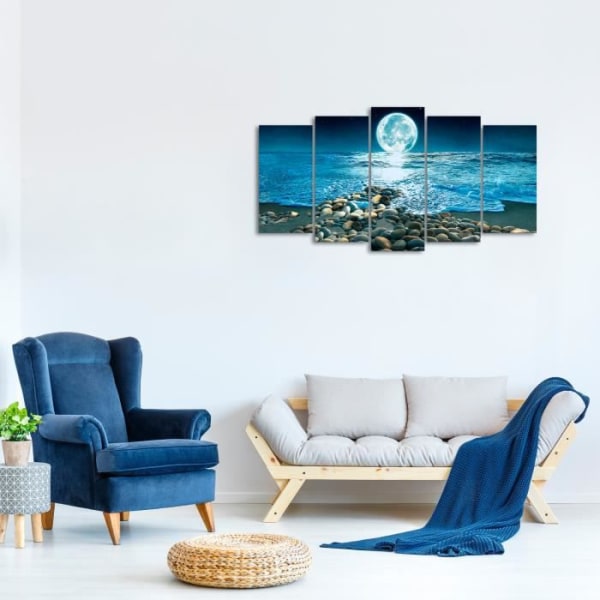 DekoArte - Modern Canvas Print | Dekoration för vardagsrum eller sovrum | Landskap Månen lysande strand | 5 st 150 x 80 cm