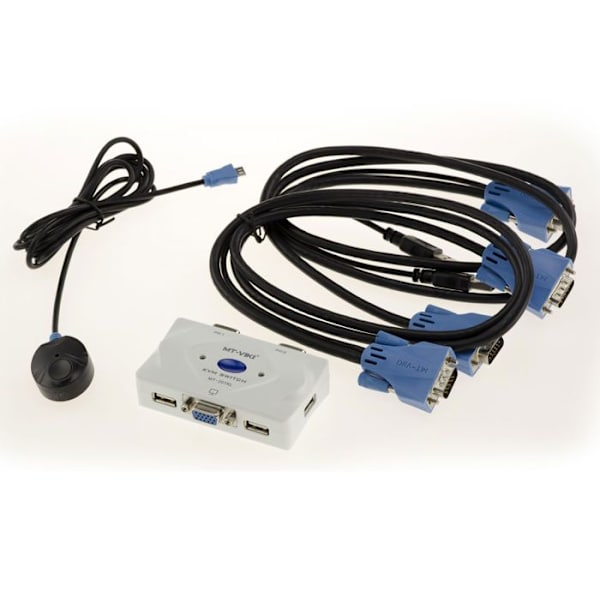 KVM Switch delningsbox för 2 datorer. VGA-skärm, USB-tangentbord och mus, med fjärrkontroll och KVM-kablar medföljer