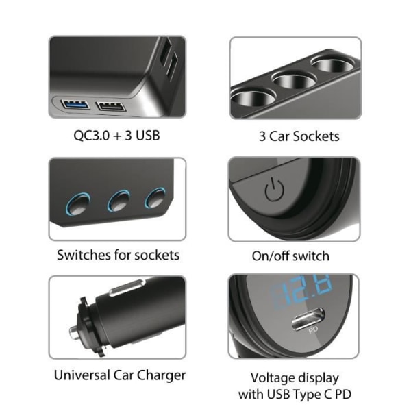 Maclean MCE218 12-24V 4xUSB PD QC cigarettändaradapter