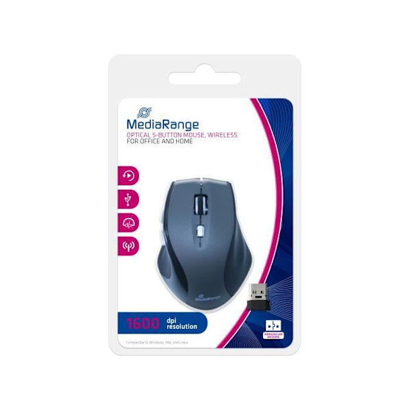 MediaRange MROS203, Ambidextrous, Optisk, RF Wireless, 1600 DPI, 60 g, Svart, Grå