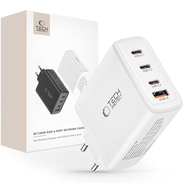 Nätadapter 4 portar - Tech-Protect NC100W-GAN - 100W - PD 3.0 - Vit Vit