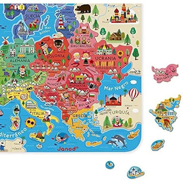 Utbildningspussel - JANOD - Magnetisk Kartpussel över Europa i Trä - 40 Bitar - 45x45 cm - Spansk Version Flerfärgad