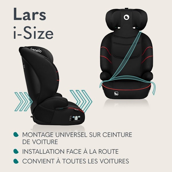 LIONELO Lars i-Size - Justerbar bilbarnstol - 100-150 cm - Grupp 2/3 - Höjdjusterbart nackstöd - Blå Svart, turkos