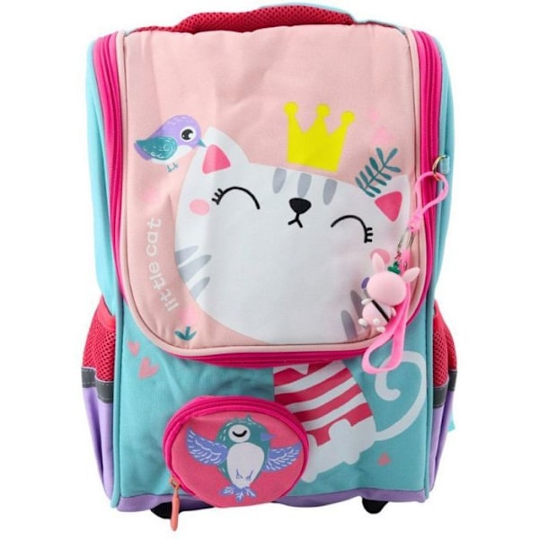 Cartable Lean Skolväska vit med fågelhängsmycke, kattmotiv, 21 L