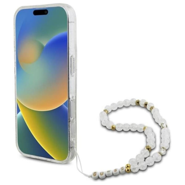 Coque Guess IML Glitter med pärlemorarmband MagSafe för iPhone 16 Plus (transparent)