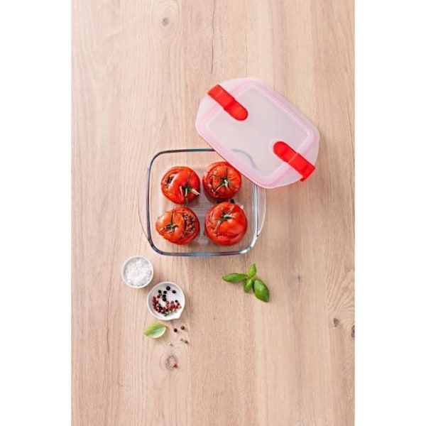 PYREX Fyrkantigt fat 14x12x4 cm + Cook & Heat lock rött lock
