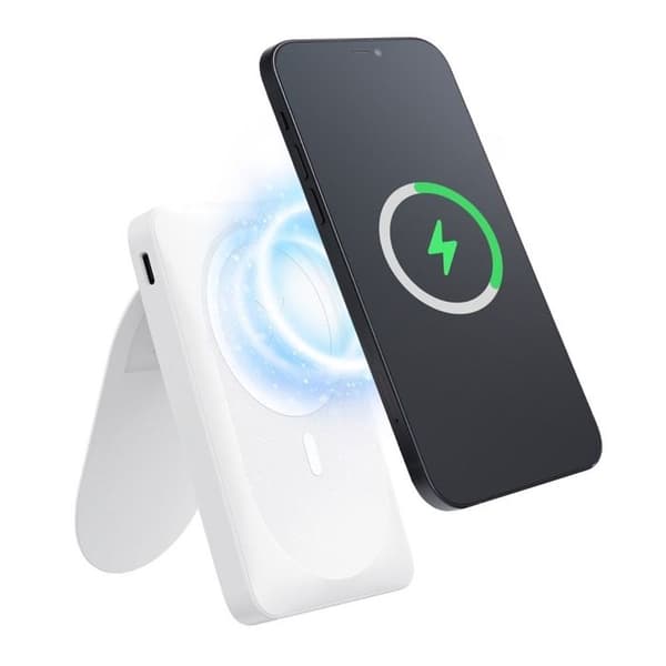 FORCELL Externbatteri 10 000 mAh MagSafe & PixelSnap med vikbar stöd, Laddning 20W + USB-C/USB-A Vit