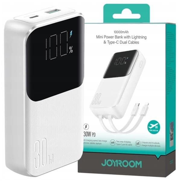 Mini extern batteri Joyroom Jr-Pbc06 med integrerade USB-C till Lightning-kablar Vit
