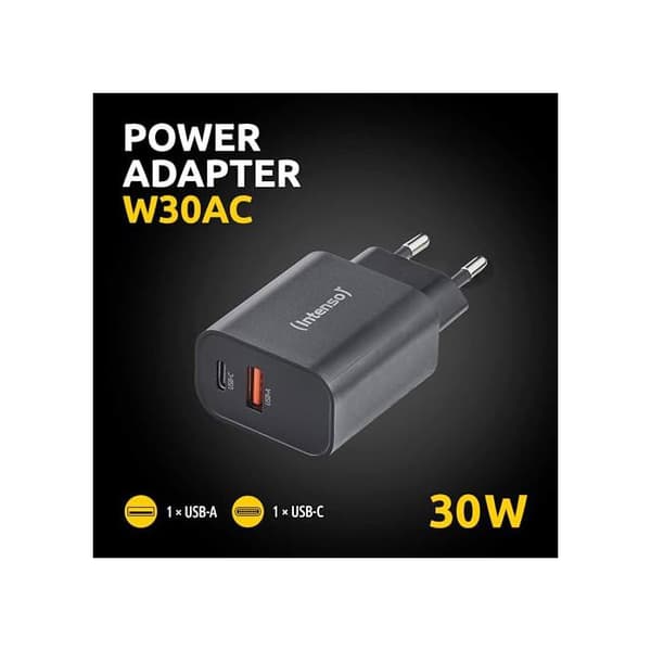 Nätadapter - Intenso - W30AC - 30W - USB-A & USB-C - Svart