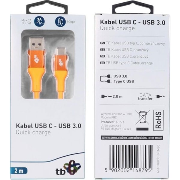 Kabel för datakommunikation för industri Tb print - 1791105 - USB-A till USB-C 2 m Orange ()