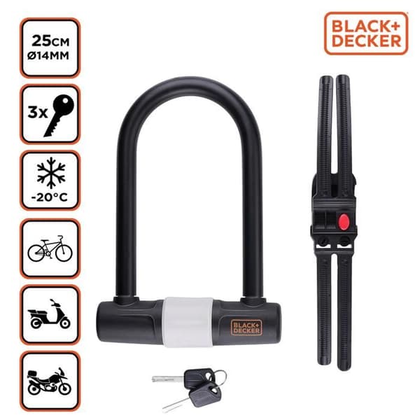 BLACK+DECKER U-lås - Cykellås / Scooterlås / Motorcykellås - 14x25cm - 3 Nycklar