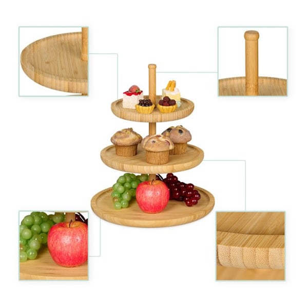 Relaxdays Utställning 3 nivåer, bambu, H: 25 cm, D: 30 cm, 3 träfat för kakor, snacks, nötter, naturell ljusbrun
